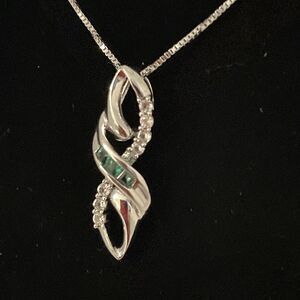 Elegant Emerald and White Sapphire Necklace 18” Sterling Silver Box Included